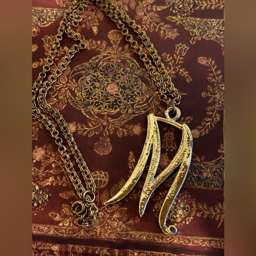 Vintage letter M initial necklace gold tone large